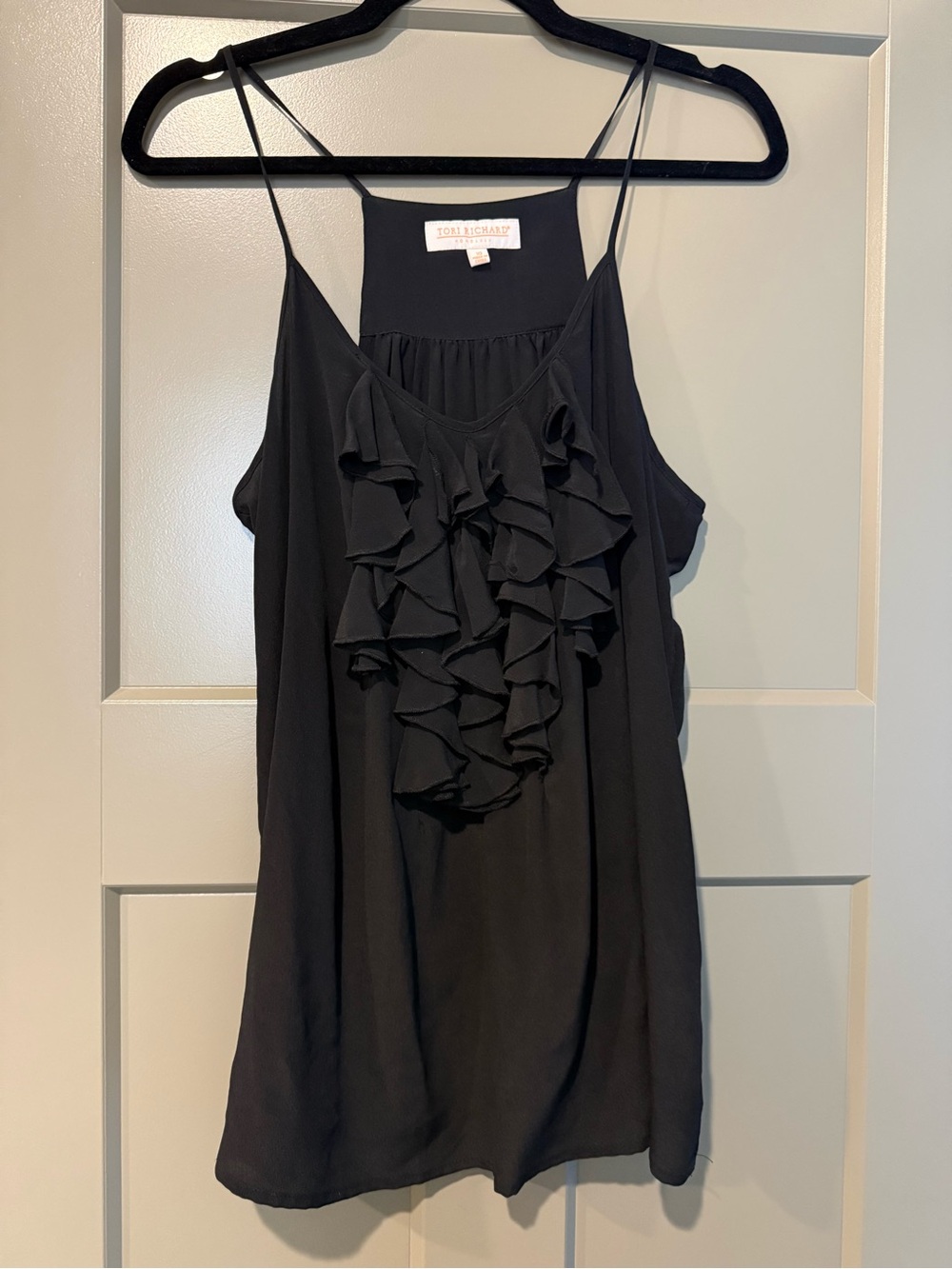 Tori Richard Black Ruffle Front Spaghetti Strap Camisole
